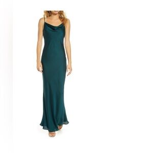 Shona Joy Cowl Neck Satin Gown In Emerald Green